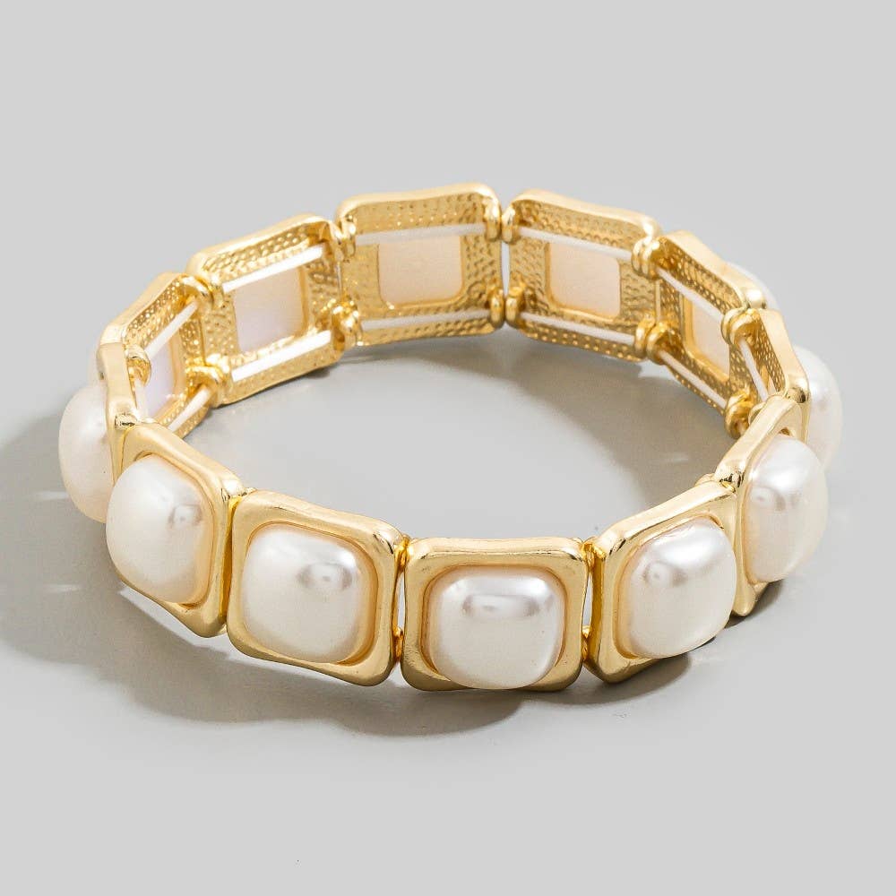 Gold Square Link Pearl Stretch Bracelet