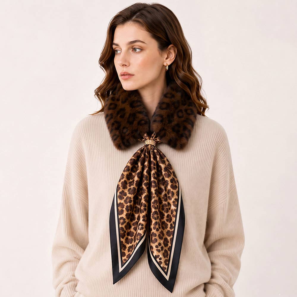 Plush Faux Fur Collar Leopard Print Tie Winter Scarf