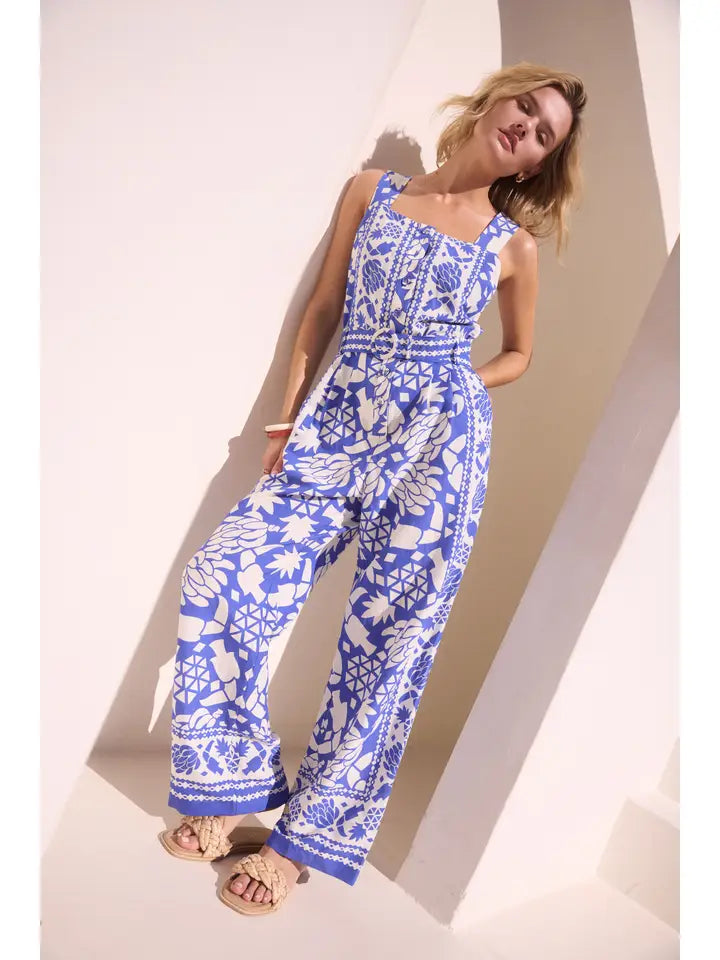Cobalt Border Print Button Front Jumpsuit with Belt