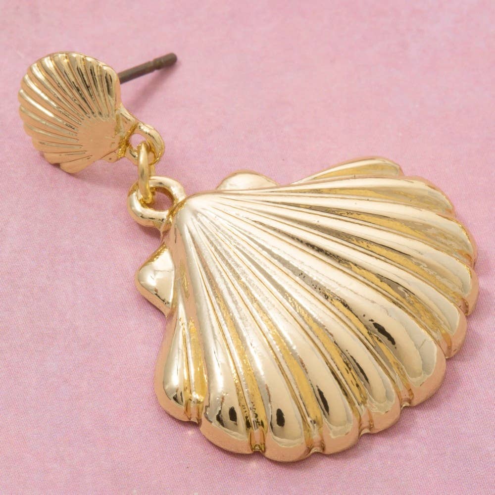 Gold Dipped Double Sea Shell Stud Dangle Earrings