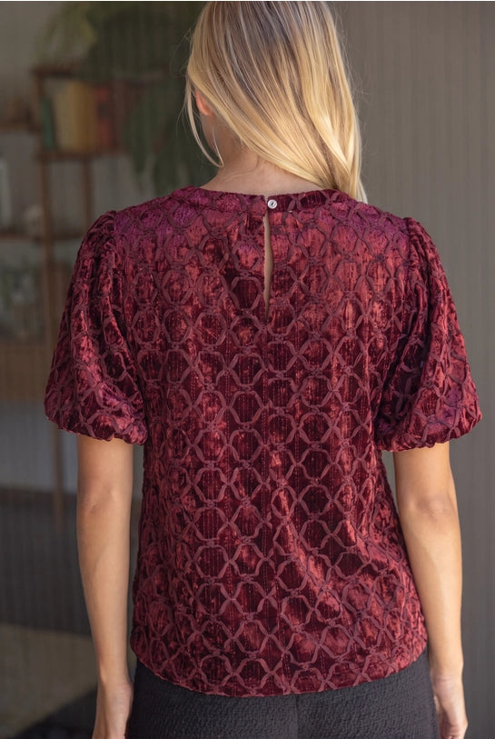 Trellis Trimmed Crushed Velvet Bubble Sleeve Top