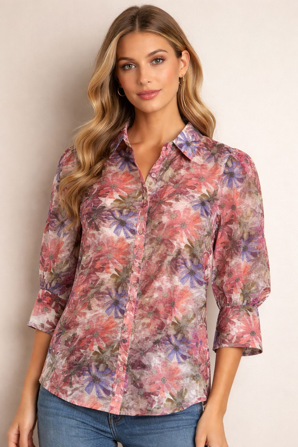 Pink Balloon Sleeve Floral Button Up Top