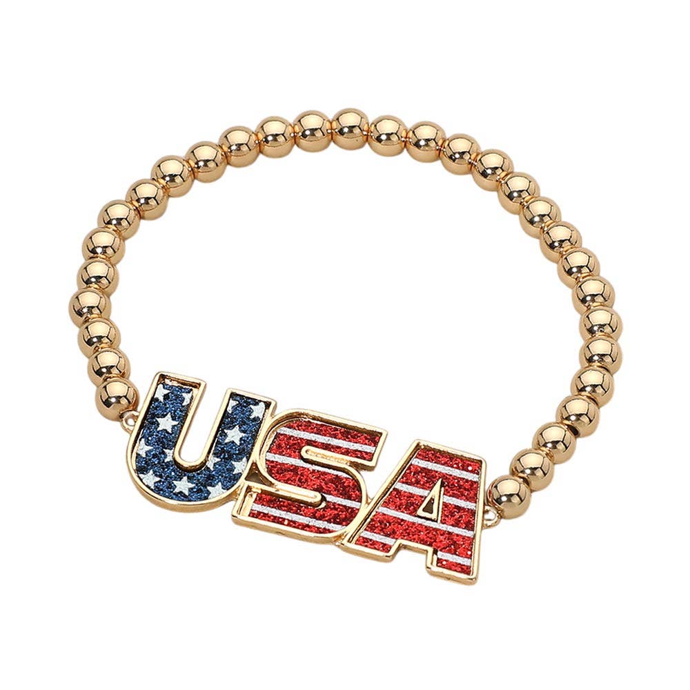 Enamel American USA Flag Letter Beaded Stretch Bracelet