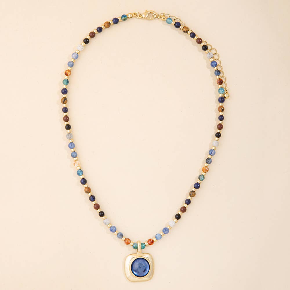 Mixed Stone Bead Necklace With Square Framed Pendant