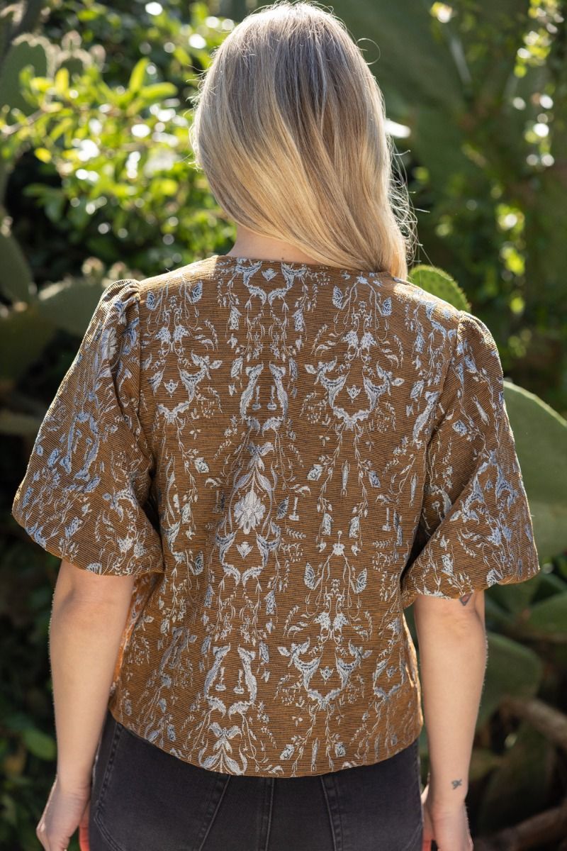 Gold Button Down Floral Jacqaurd Top