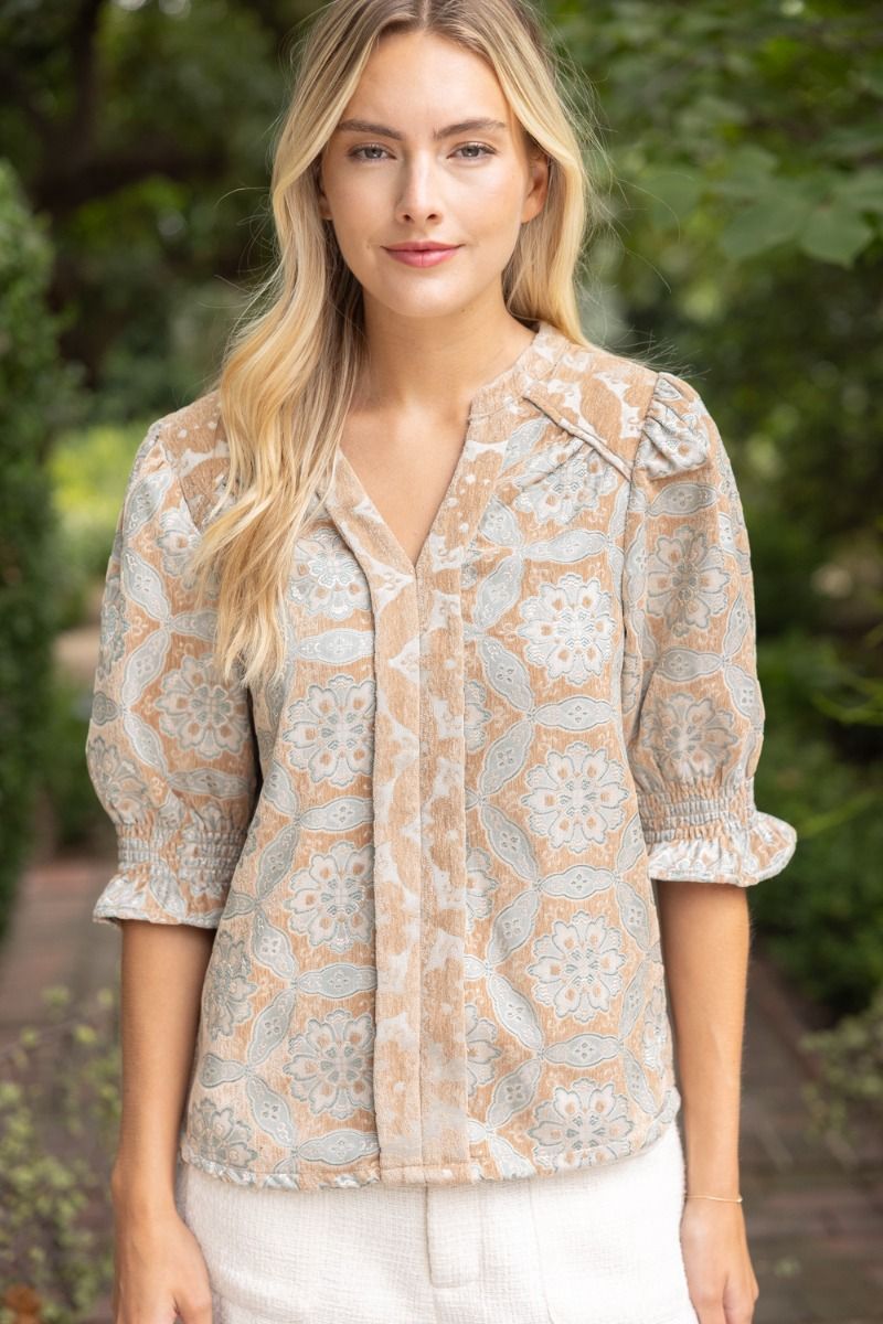 Taupe Smocked Puff Sleeve Geometric Velvet Jacquard Top