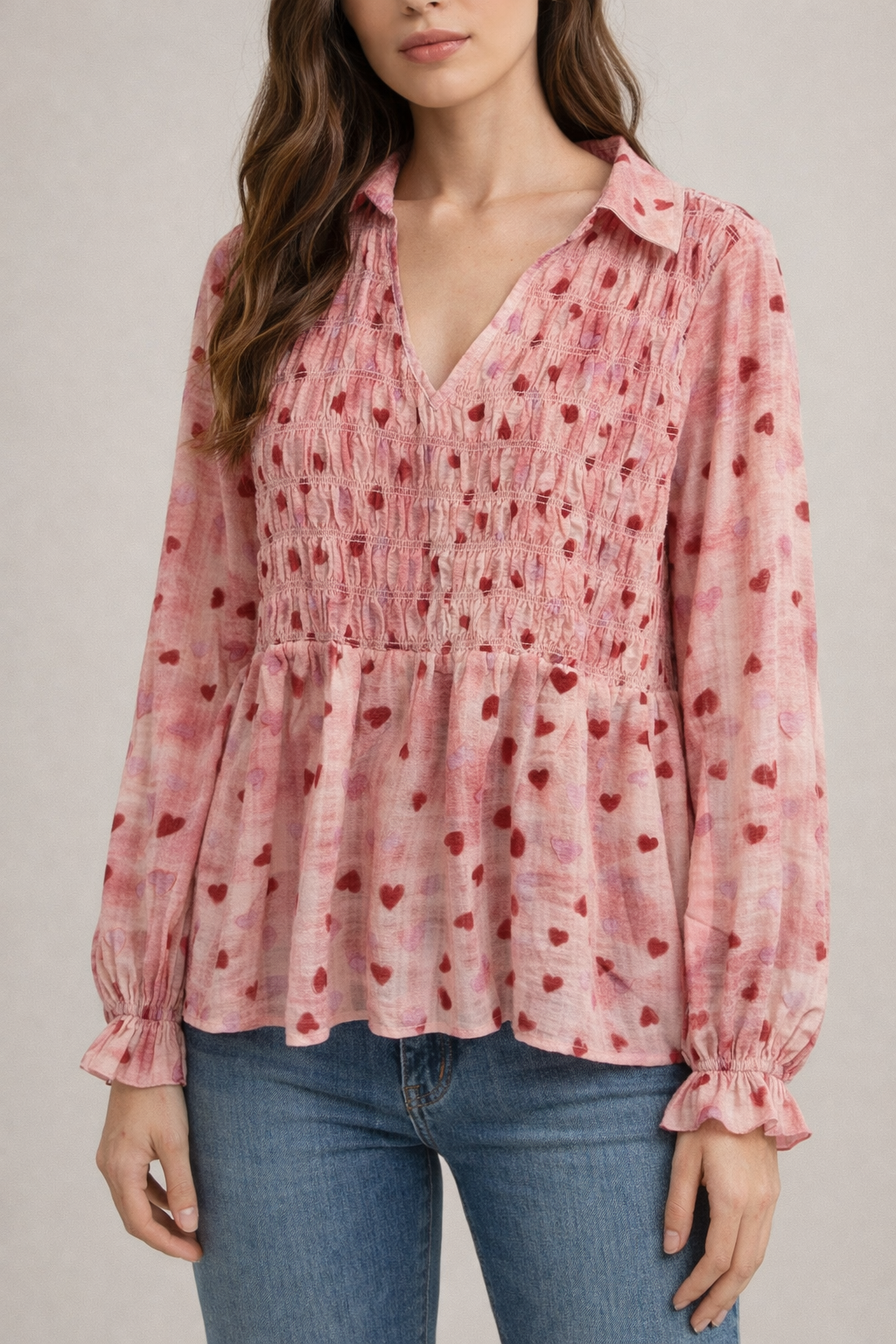Pink Heart Vneck Balloon Sleeve Top