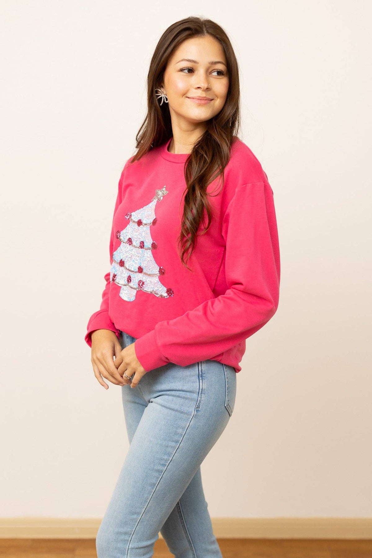Hot Pink Sequins Christmas Tree Sweater