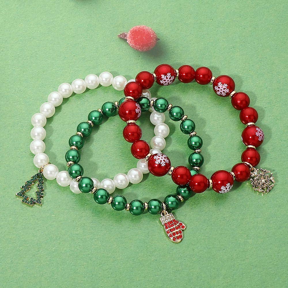 3PCS - Christmas Charm Pearl Snowflake Ball Beaded Stretch Multi Layered Bracelets