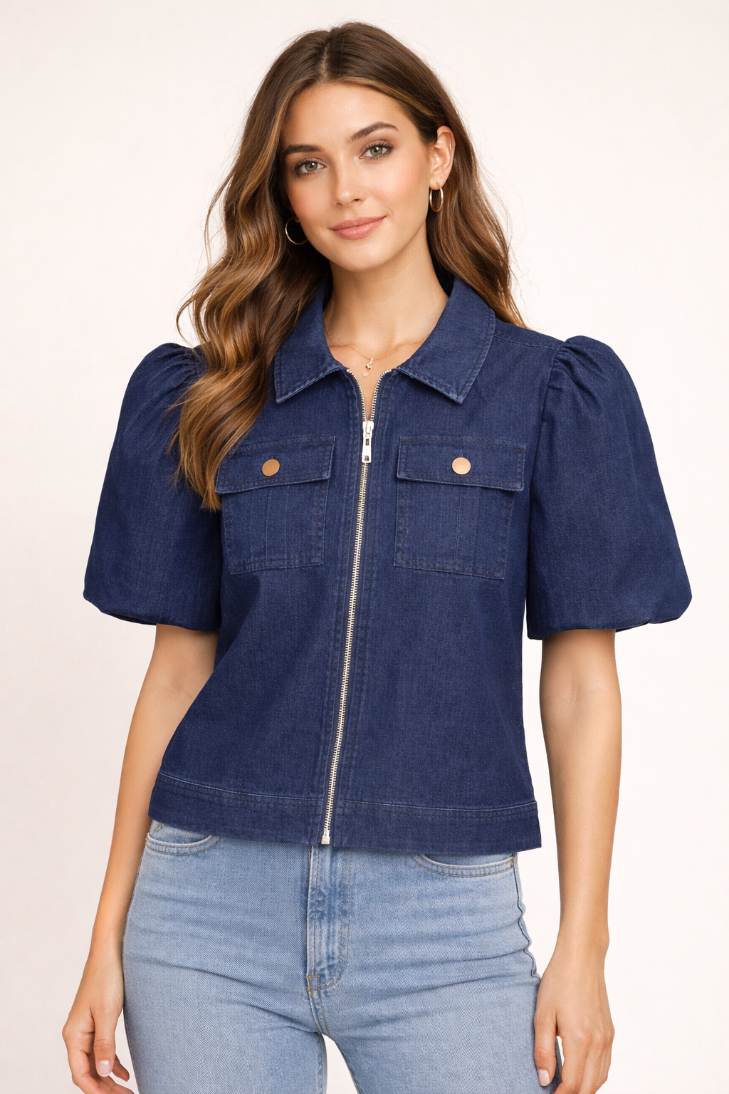 Denim Zip Front Puff Sleeve Jacket