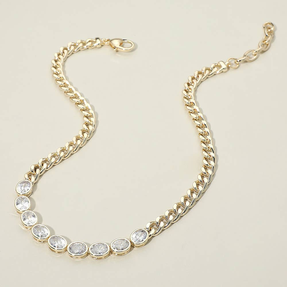 14K Gold Plated Round CZ Bezel Link Curb Chain Necklace