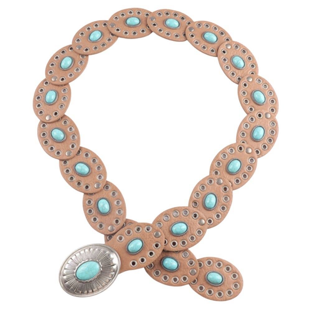 Suede textured belt with oval conchos set with turquoise stones — view 2