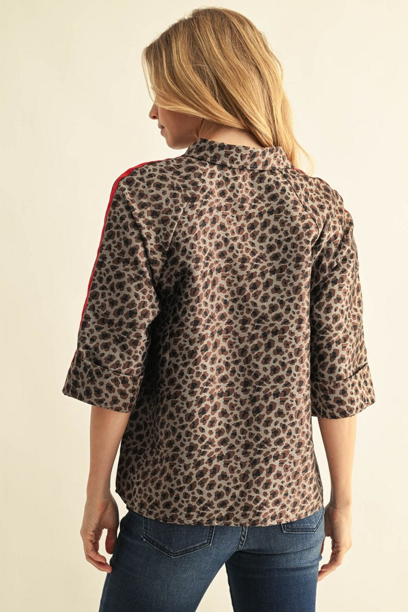 Contrast Sleeve Detail Metallic Leopard Top