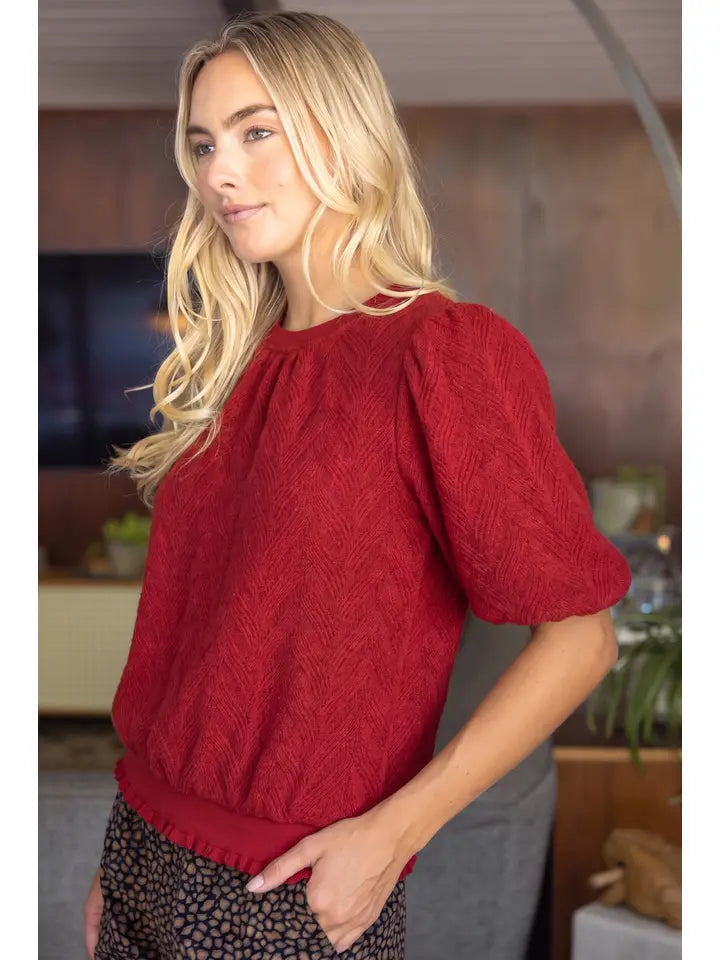 Red Braid Sweater Knit Short Bubble Sleeve Top
