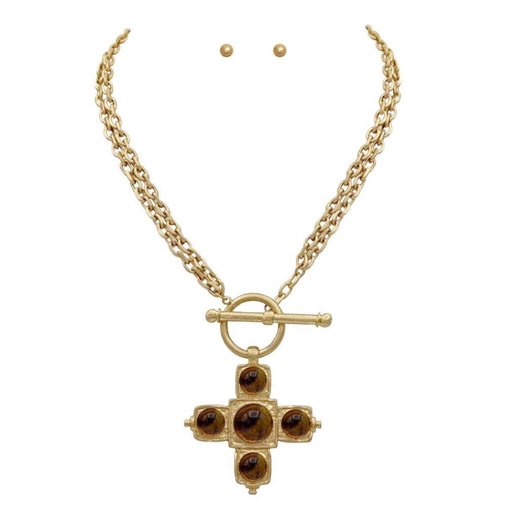 Cross Beaded Pendant Layered Toggle Clasp Necklace