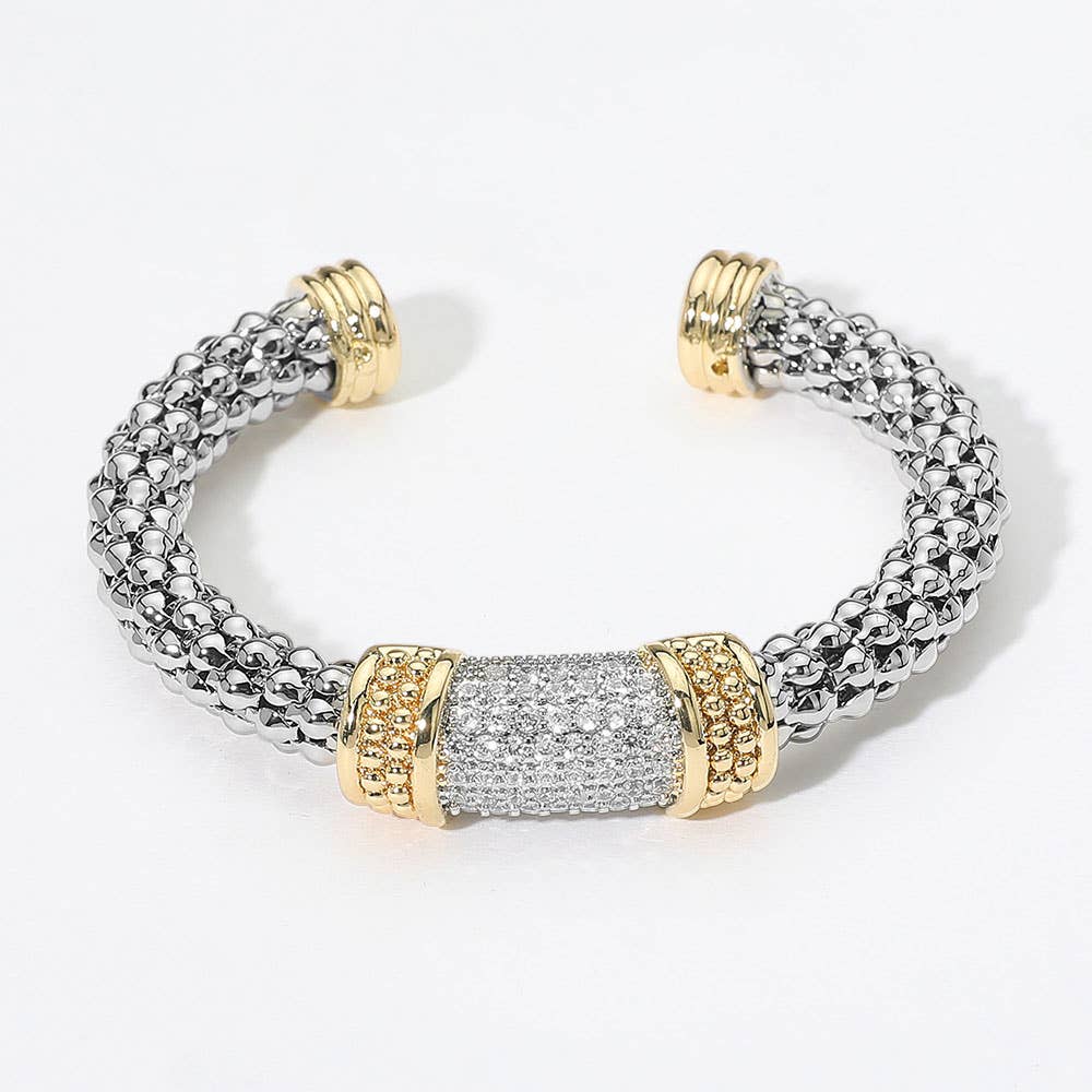 CZ Stone Paved Bar Accent Two Tone Braided Cuff Bracelet