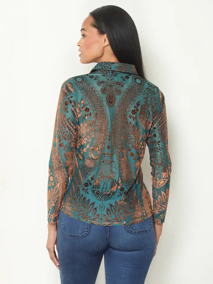 Teal & Brown Burnout Knit Velvet Button Front Shirt