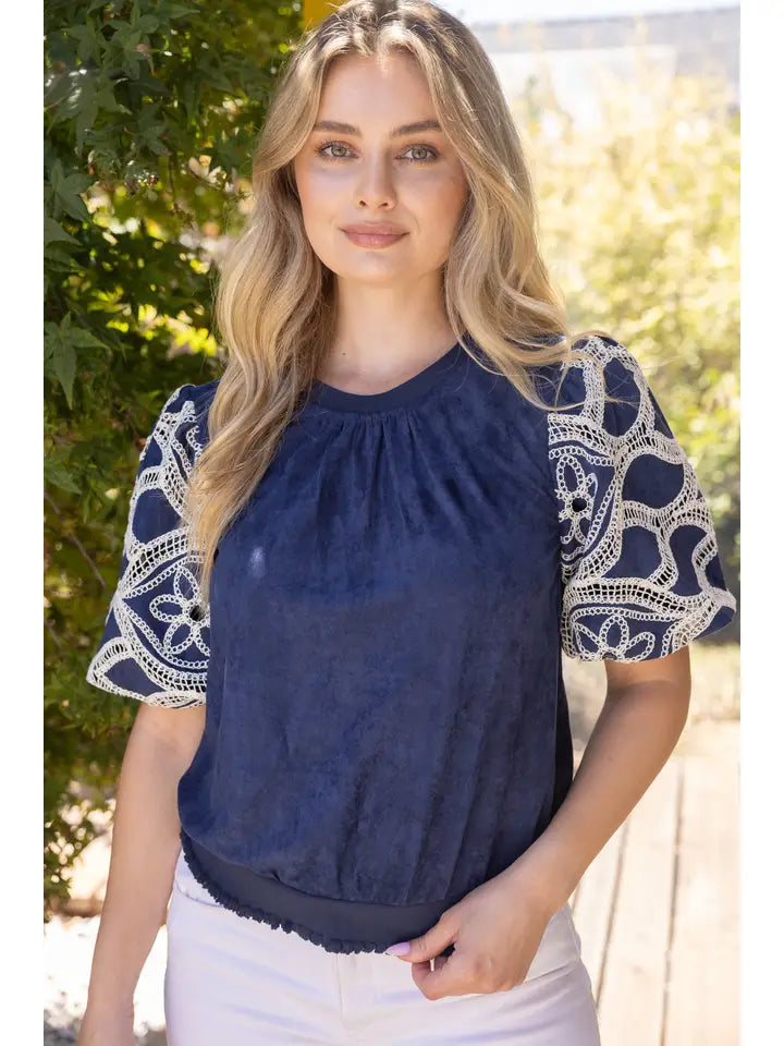 Navy Floral Eyelet Crochet Bubble Sleeve Suede Top