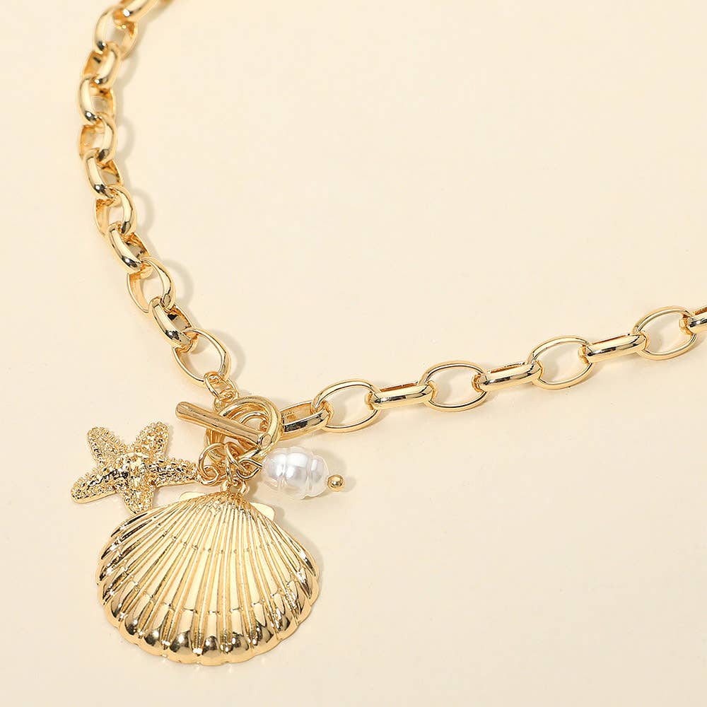 Seashell Starfish Pearl Charm Toggle Chunky Chain Necklace