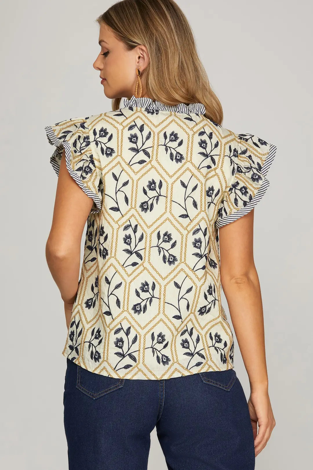 Navy Floral Ruffle Sleeve Top