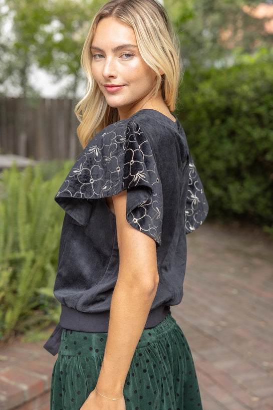 Black Floral Embroidered Wing Sleeve Corduroy Top