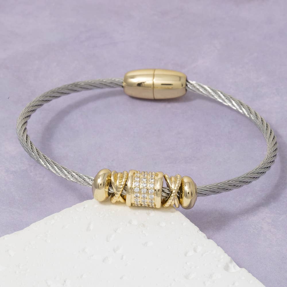 Stainless Steel Magnetic Cable Cz Barrel Bracelet