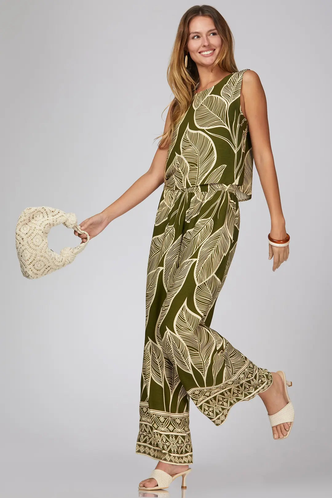 Green Botanical Print Pants Set