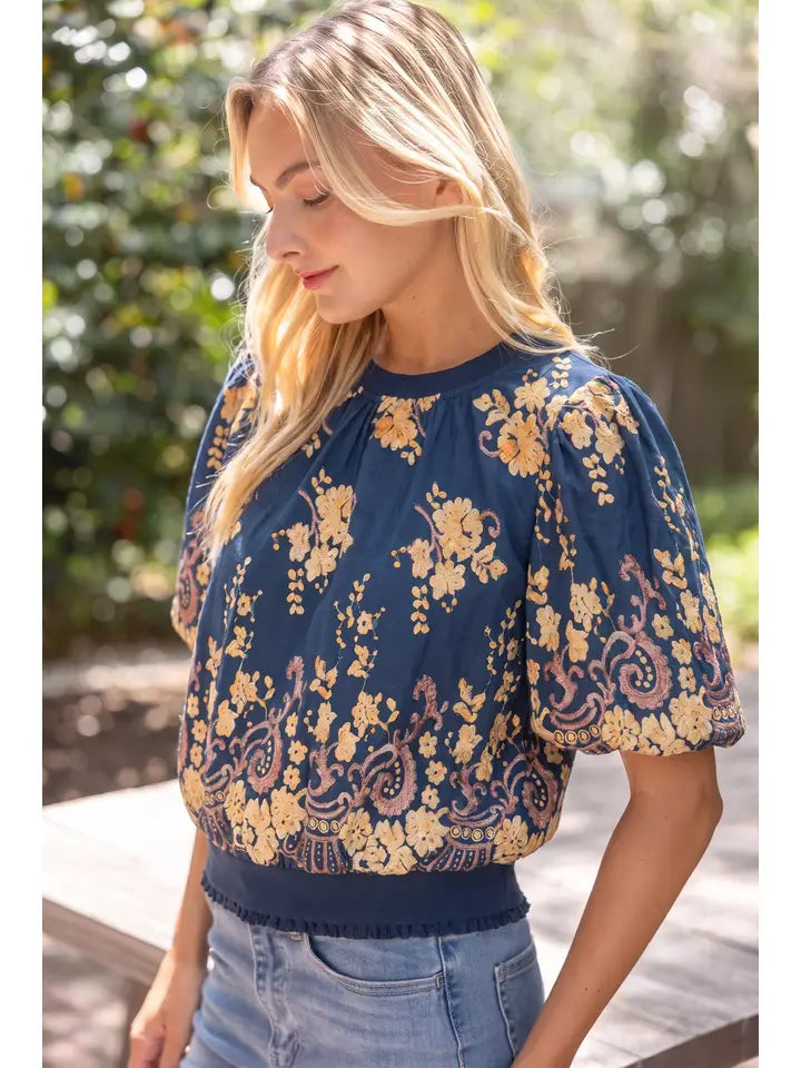 Floral Embroidered Boarder Print Rib Band Top