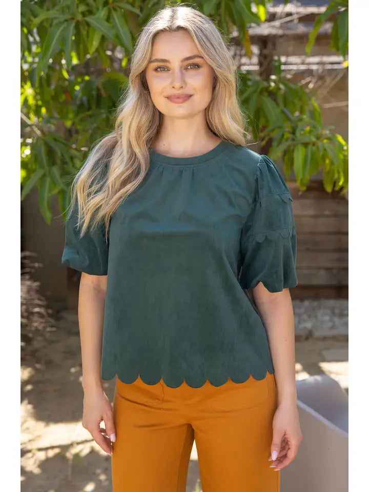 Scalloped Hemline Bubble Sleeve Solid Corduroy Top