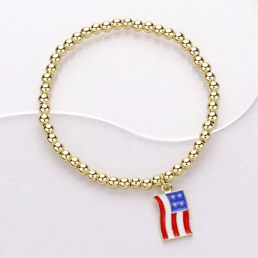 Stainless Steel Enamel American USA Flag Charm Bracelet