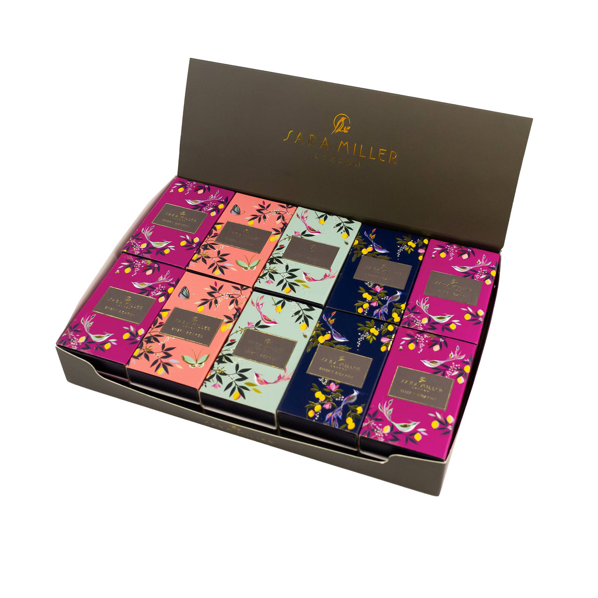 Sara Miller mini emery board matchboxes in pink, coral, duck-egg blue and navy