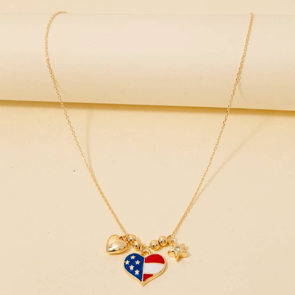Cz Stud Star And Enamel Usa Heart Charms Chain Necklace