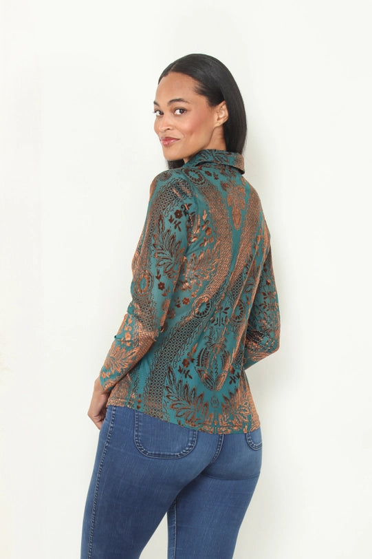 Teal & Brown Burnout Knit Velvet Button Front Shirt