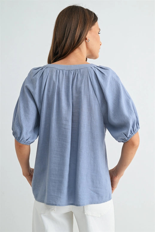 Linen Blend Pleated Raglan Sleeve Top