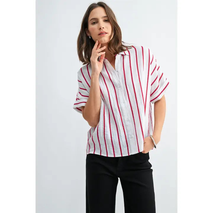Red Stripe Button Down Short Sleeve Top