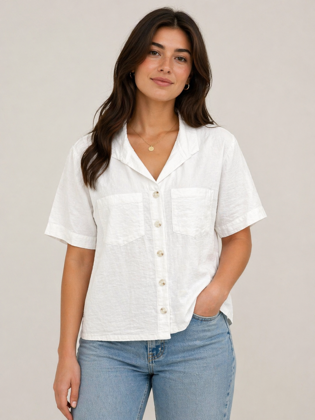 John Mark White Solid Button Front Blouse