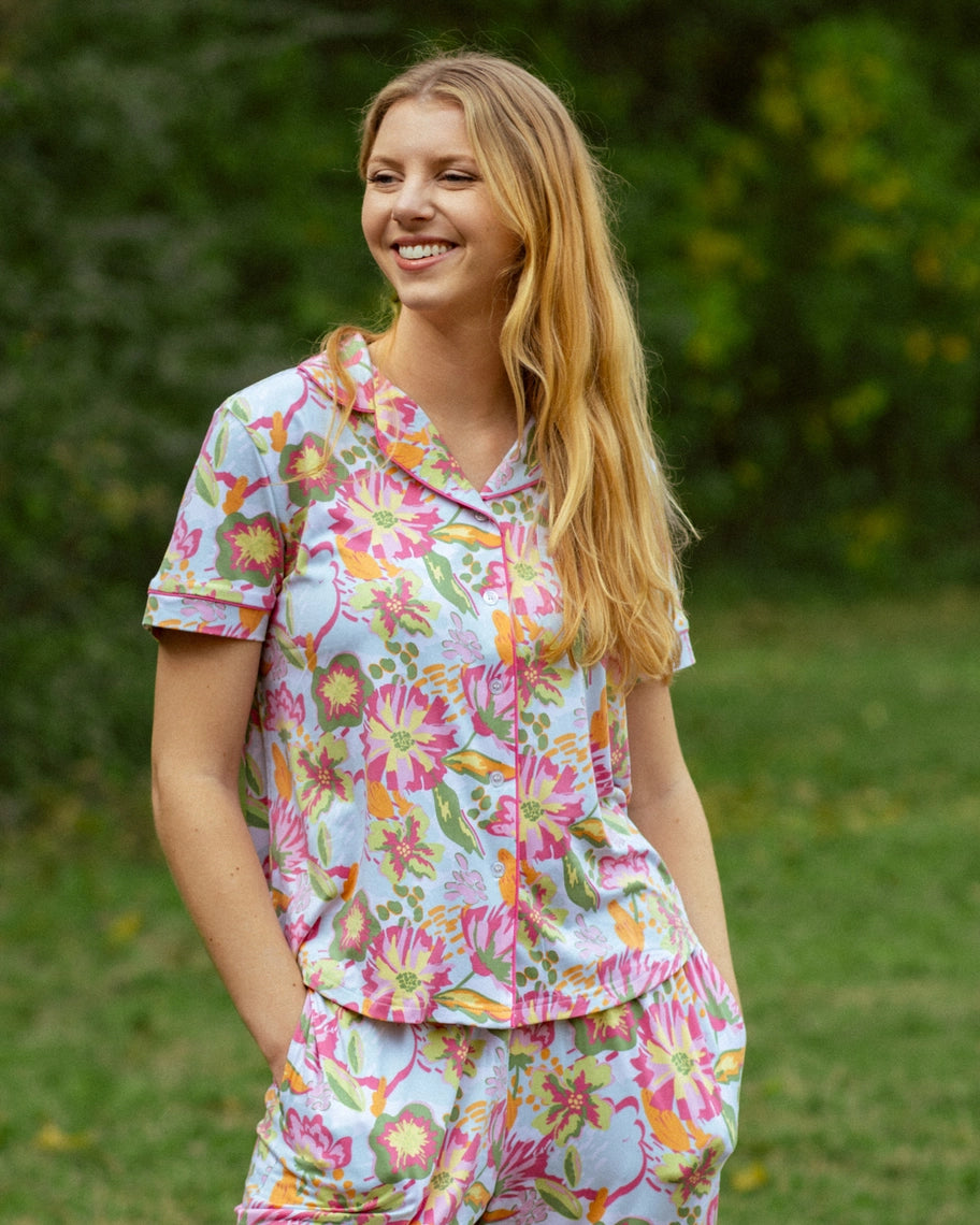 Summer Bouquet Short Sleeve Button Up Sleep Set Pink/Blue/Multi