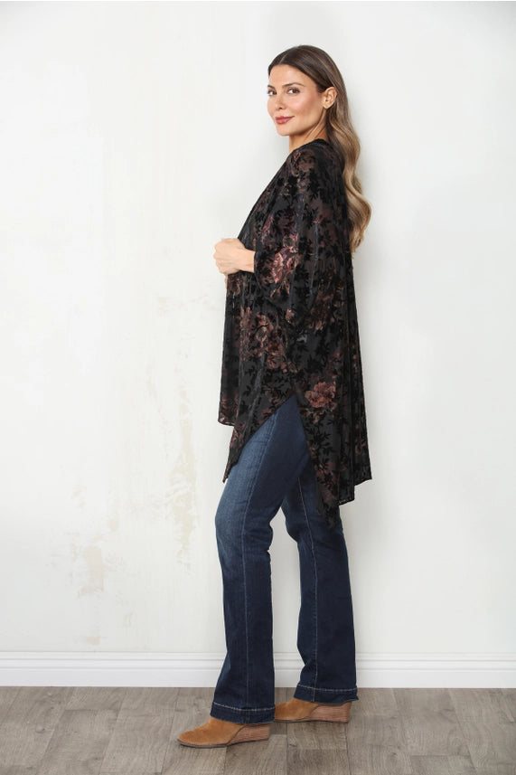 Brown Burnout Velvet Open Front Kimono