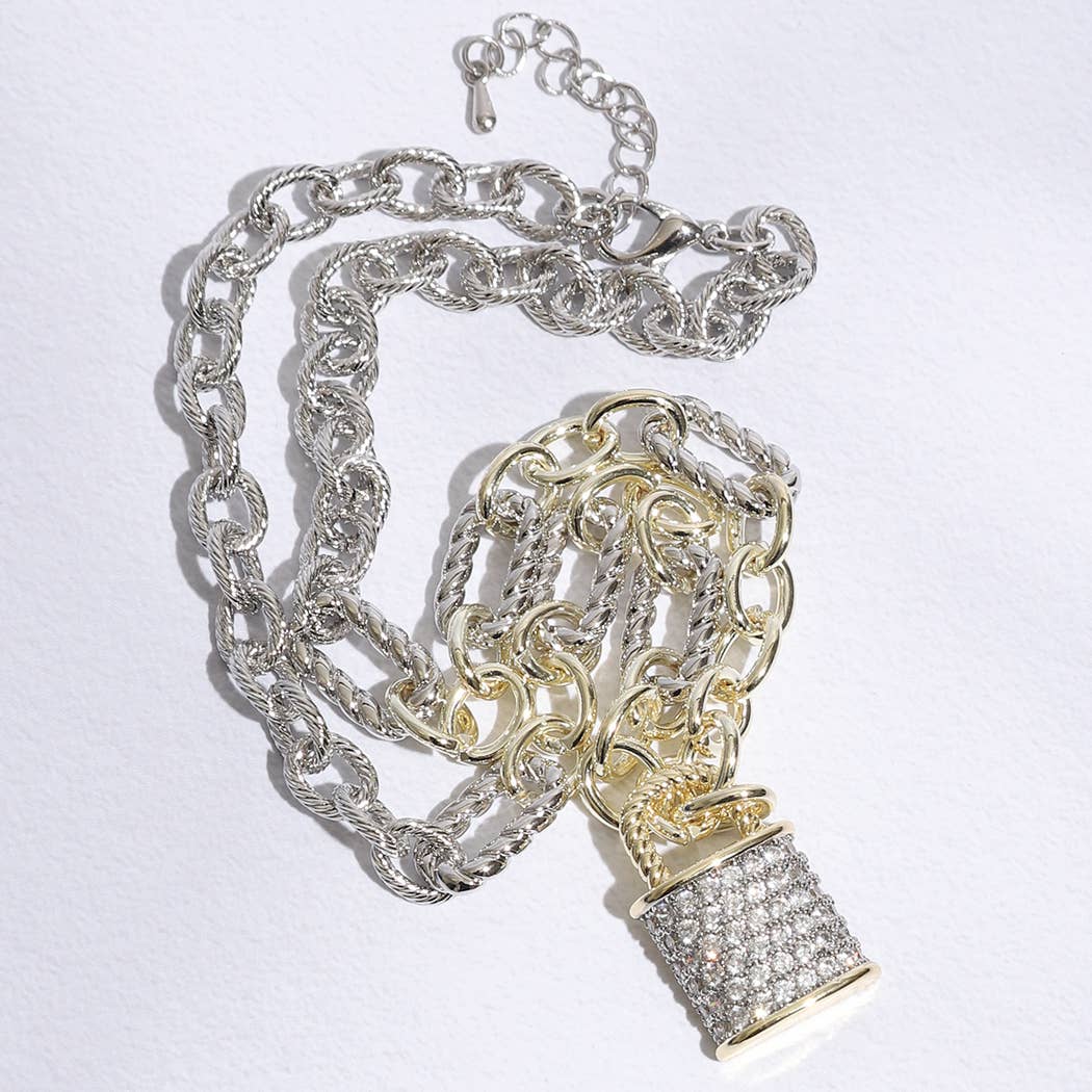 Linked Solid and Twisted Chain CZ Lock Necklace