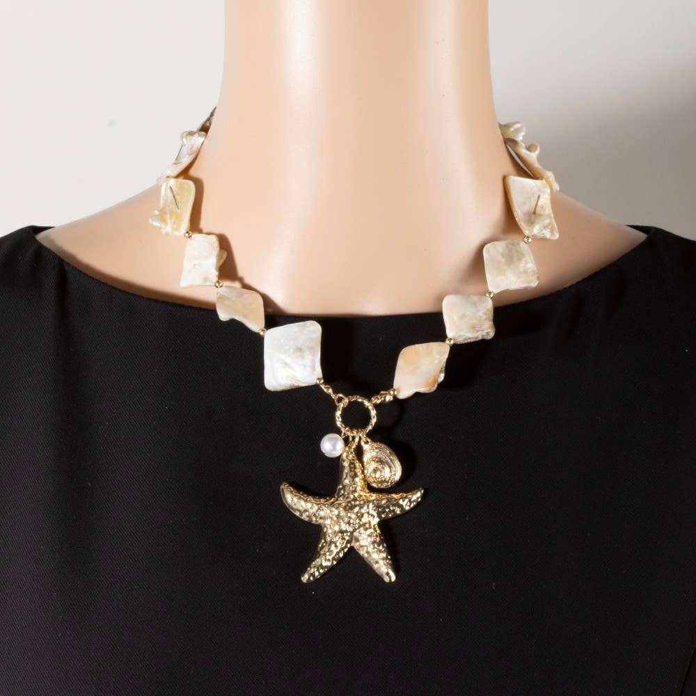 Gold Starfish & Pearl Drop Square Stone Necklace