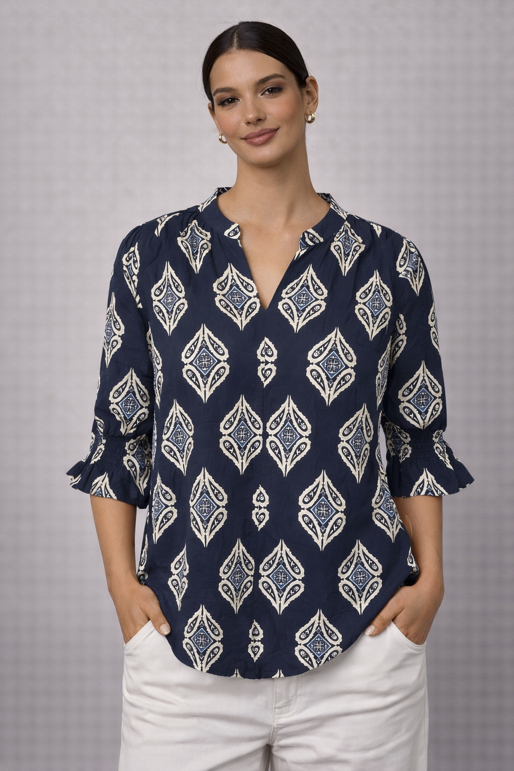 Navy Moroccan Print Vneck Top