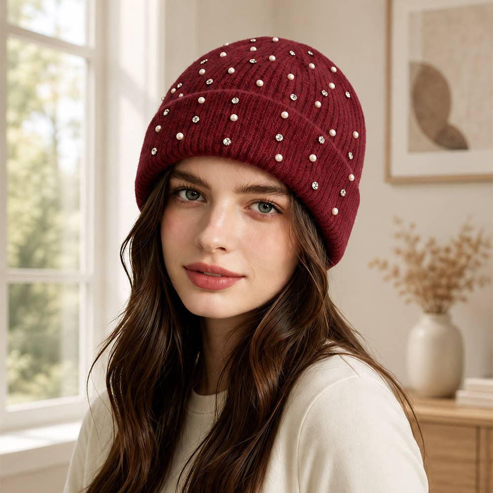 Rhinestone Pearl & Crystal Cuffed Beanie