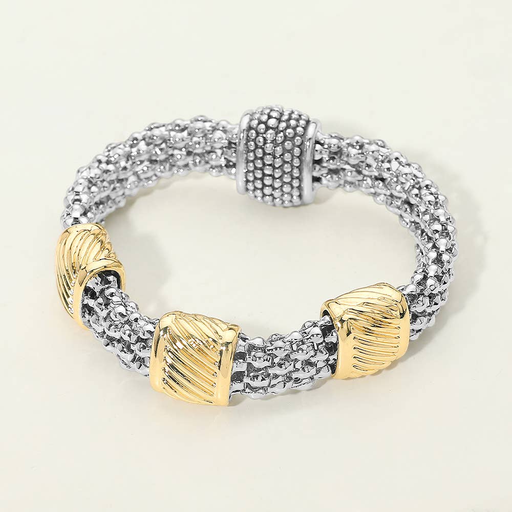 14K Gold Plated Two Tone Sculpted Accent Textured Band Magnetic Bracelet