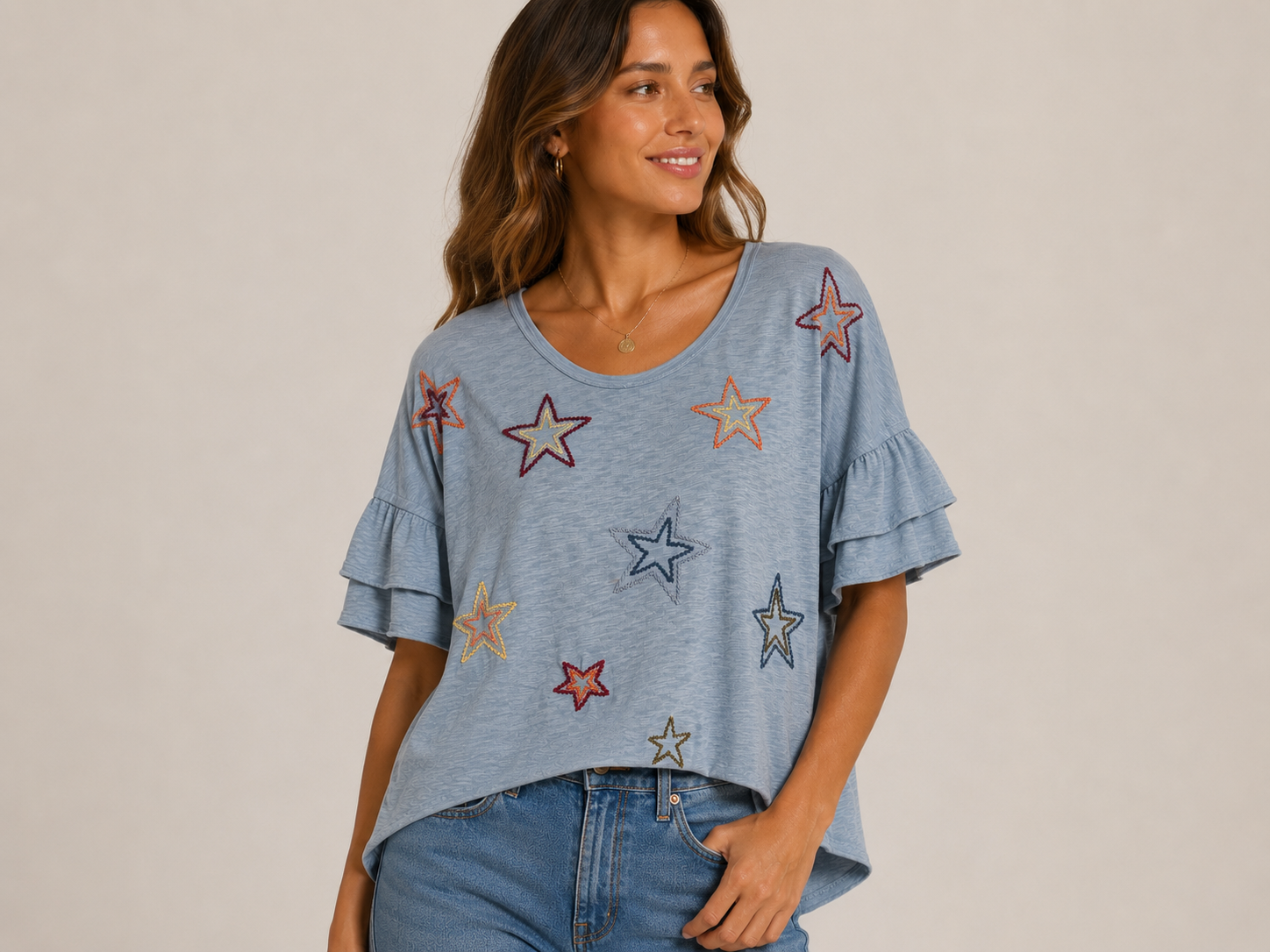 Celestial Blue Star Embroidered High Low Top