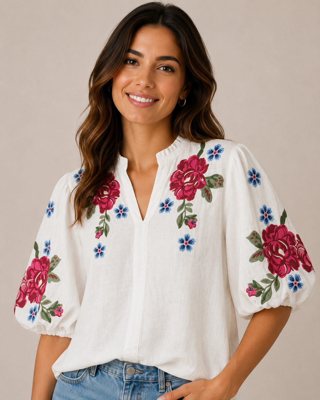 White Flower Embroidered Puff Sleeve Top — Accents Boutique, Marble Falls TX