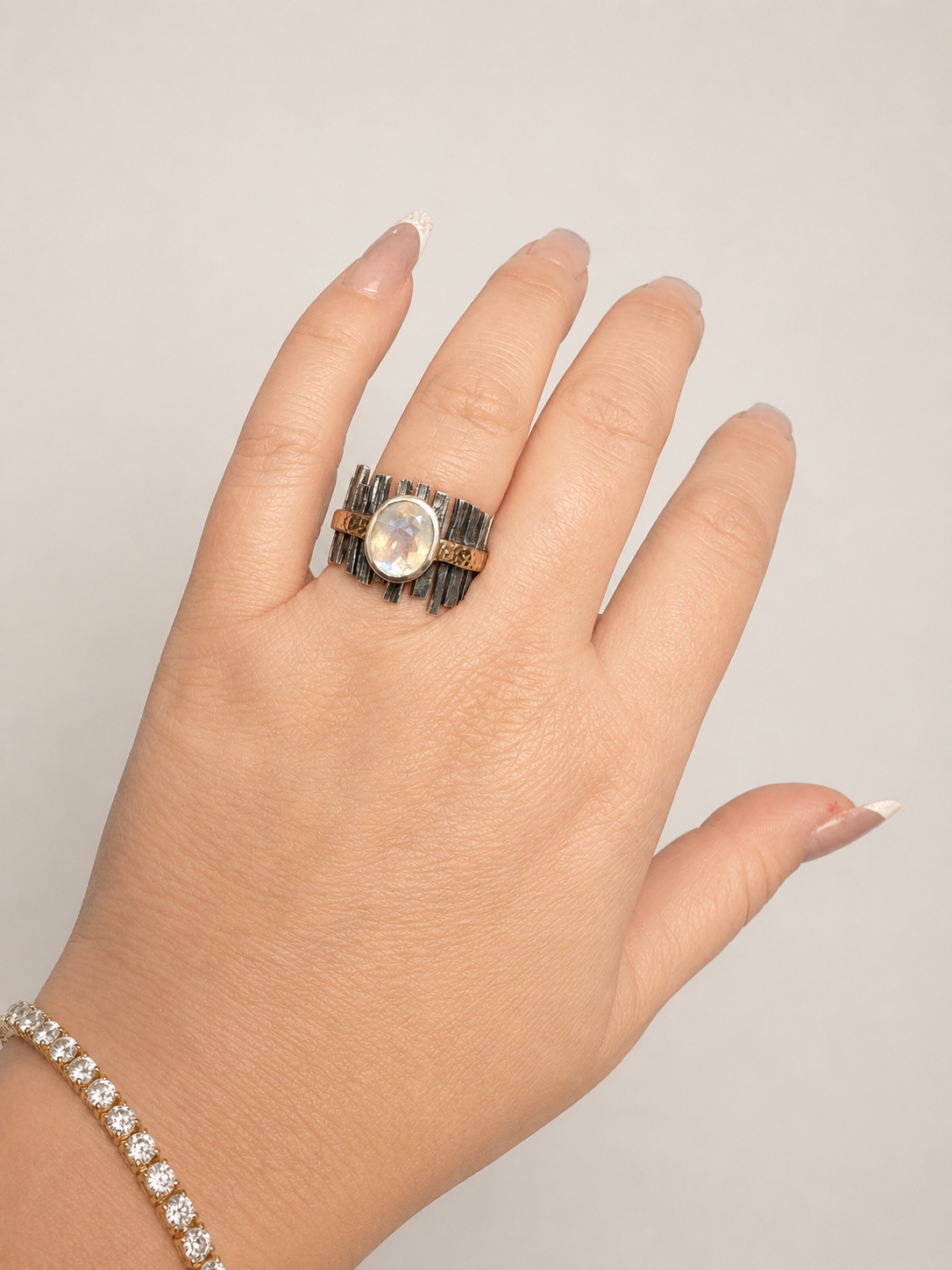 Oxidized Silver & Gold Rainbow Moonstone Ring -Size 8
