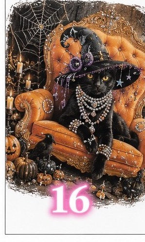 Bling tee design #16 — black cat in a witch hat and pearls on an orange chair with cobwebs and pumpkins