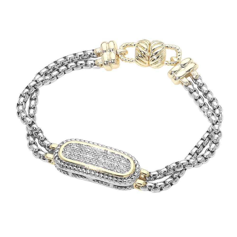 14K Gold Plated Two Tone CZ Pave Oval Bar Accent Layered Magnetic Bracelet