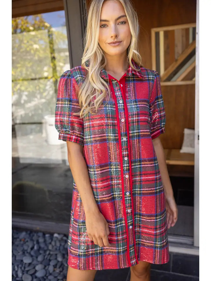 Red Collared Button Down Plaid Sequins Dress