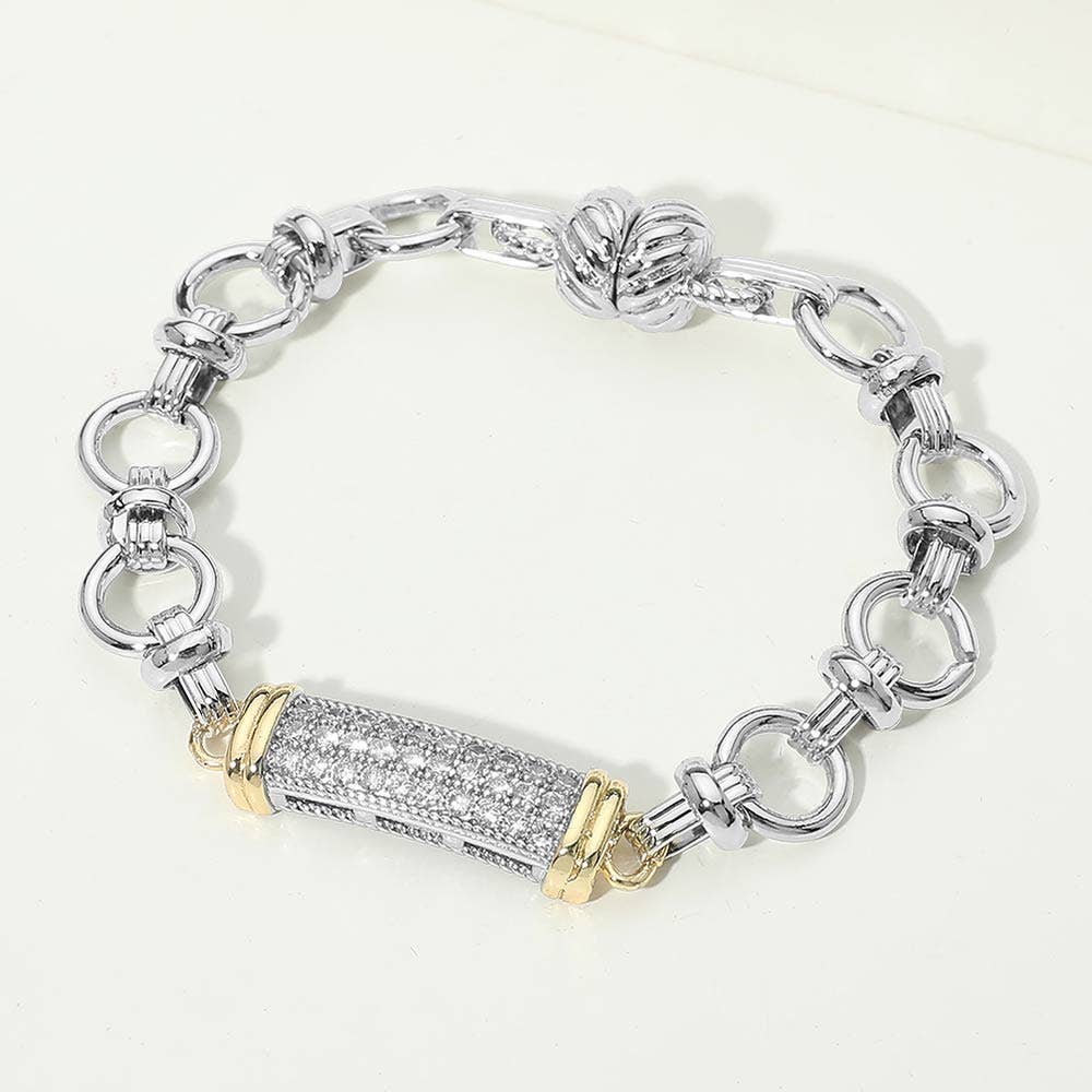14K Gold Plated Two Tone CZ Pave Bar Accent Link Magnetic Bracelet